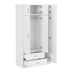 Armoire penderie miroir 3 portes avec 2 tiroirs et meuble haut