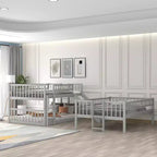Lit superposé triple pour deux personnes avec échelle convertible et toboggan, lit triple avec barrières de sécurité, blanc/gris/espresso - ModernLuxe