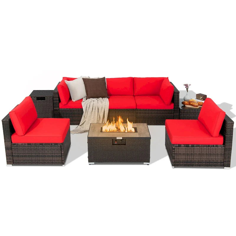 Salon de jardin en rotin 8 pièces avec table brasero et housse de rangement