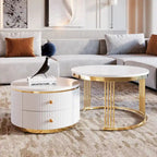 2 tables basses gigognes rondes blanches avec tiroirs