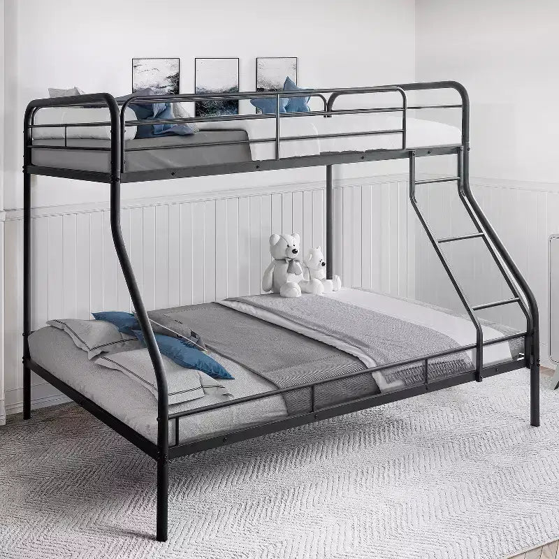 Lit superposé entièrement métallique avec conception de sécurité à faible hauteur, barrières de sécurité, échelle inclinée et rangement sous le lit