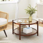 Table basse ronde de 31 po avec plateau en verre trempé et tablette en rotin