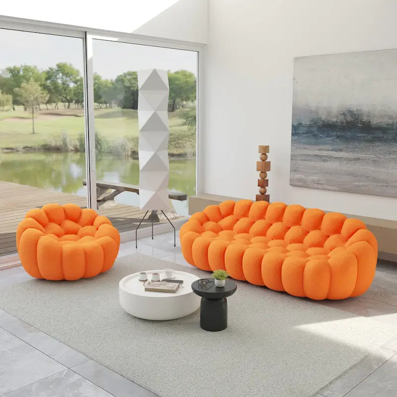 2 PIÈCES Canapé bulle rembourré en tissu nid d’abeille 3D, canapé bulle 3 places et fauteuil individuel pour salon