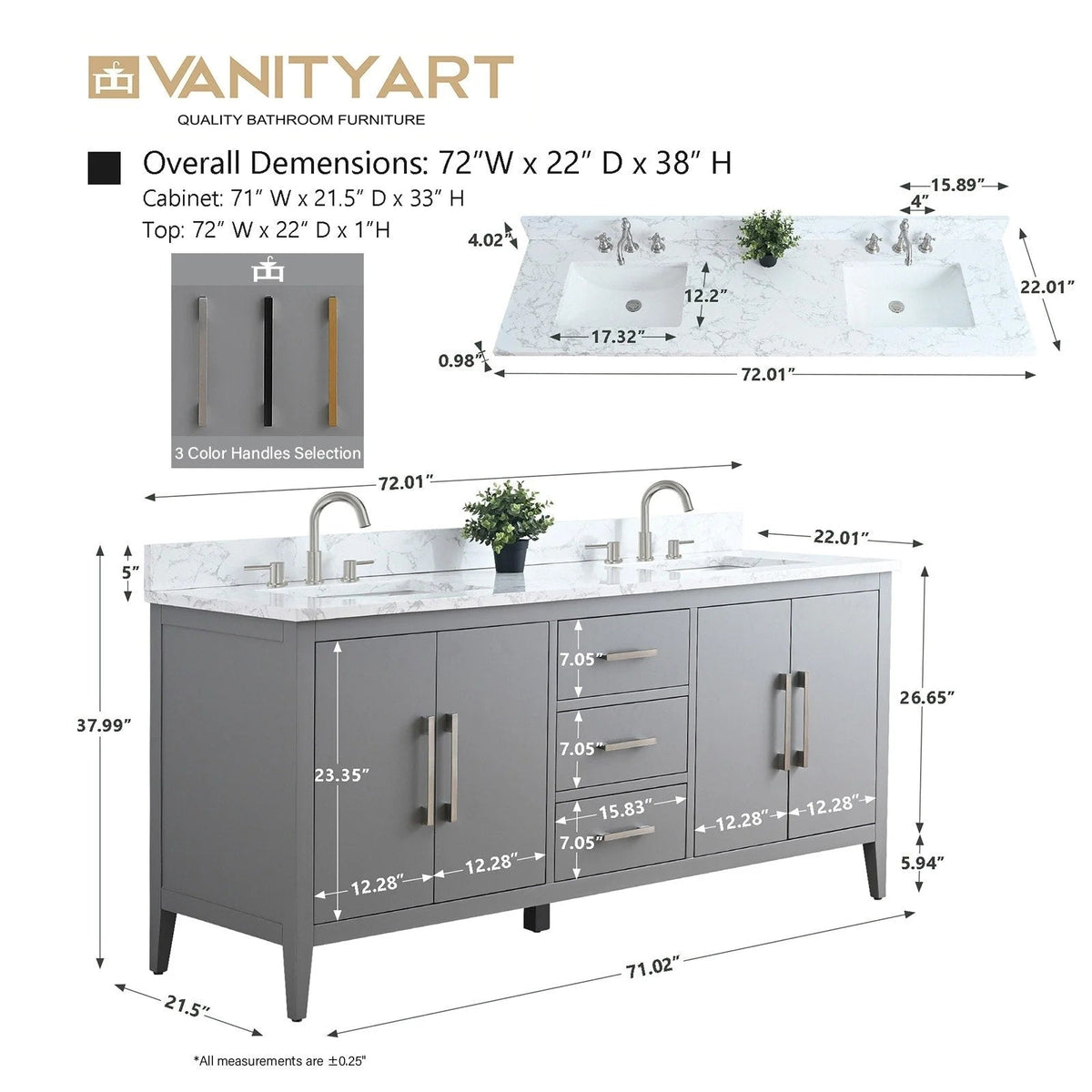 Meuble-lavabo de salle de bain Vanity Art 72 po à double vasque avec dessus en marbre reconstitué
