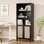 TUYOHW Grande bibliothèque avec portes en rotin, meuble de rangement autoportant à 5 étagères, étagère pour salon, chambre, bureau à domicile