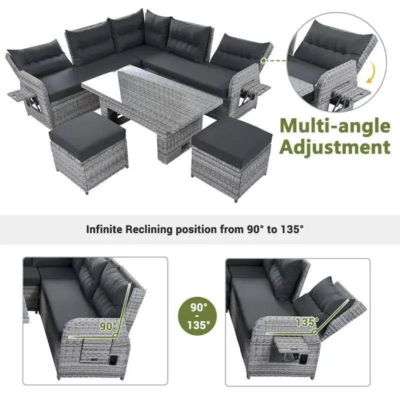 Ensemble de canapé d’angle modulable en rotin d’extérieur avec table réglable et fauteuils inclinables