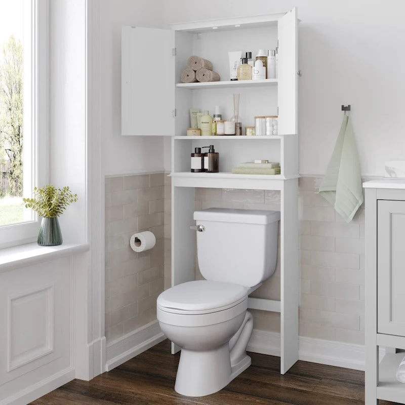Meuble de toilette sur pied de toilette style ferme avec étagères et portes à fermeture magnétique
