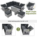 Ensemble de meubles de jardin en rotin avec table réglable, chaises longues et 2 poufs
