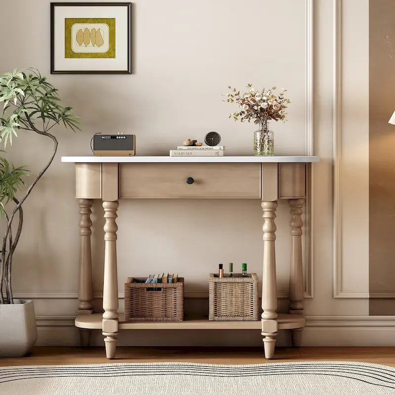 Console étroite rétro avec coin arrondi, tiroir supérieur et étagère ouverte