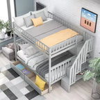 Lit superposé double sur double avec deux tiroirs de rangement et des étagères de rangement pour chambre d'enfants, d'adolescents et d'adultes