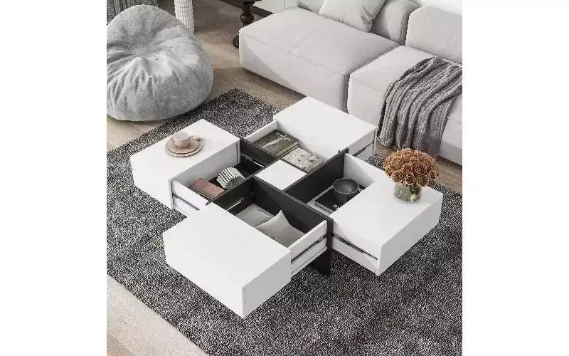 Table basse extensible avec plateau de puzzle et 4 compartiments de rangement cachés