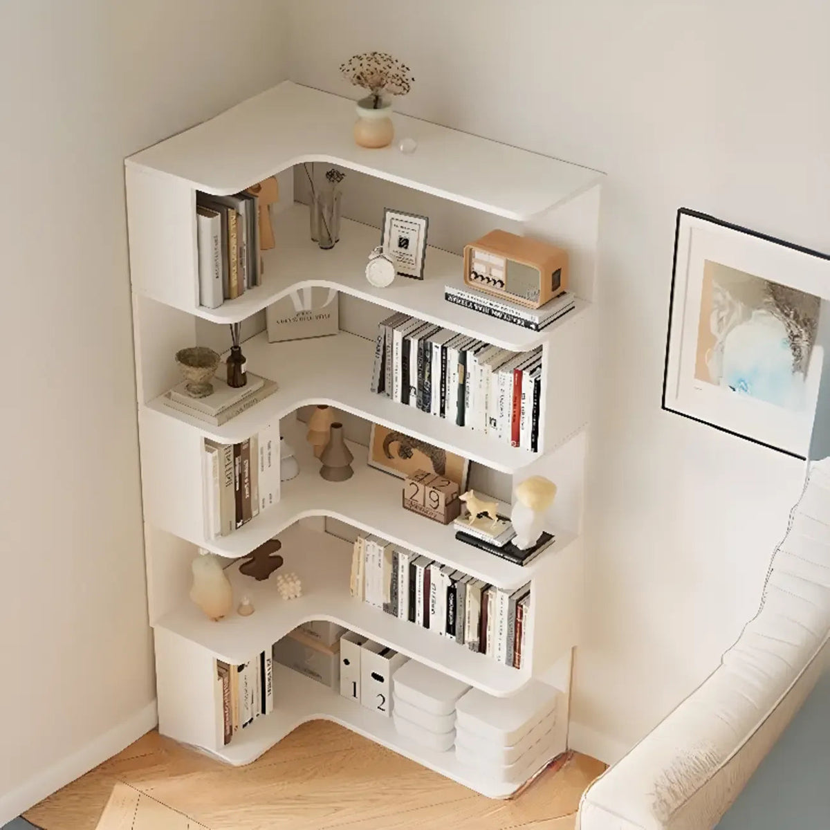 Étagère d'angle en bois manufacturé à 6 tablettes
