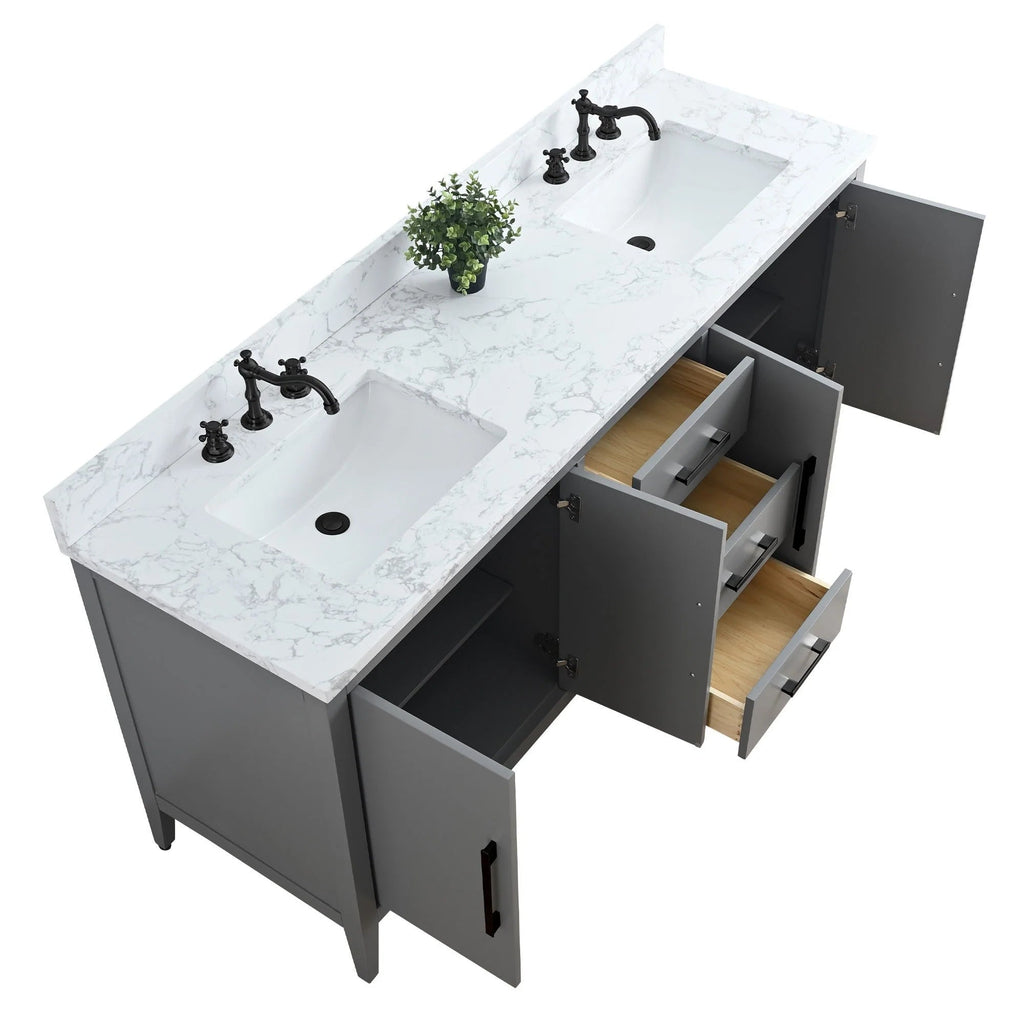 Meuble-lavabo de salle de bain Vanity Art 72 po à double vasque avec dessus en marbre reconstitué