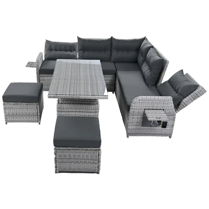 Ensemble de canapé d’angle modulable en rotin d’extérieur avec table réglable et fauteuils inclinables