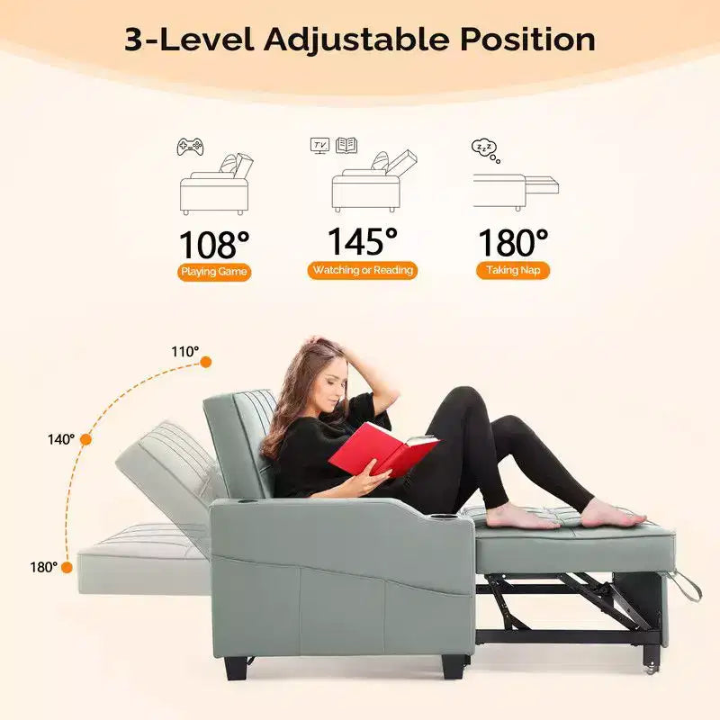 Canapé-lit convertible inclinable en cuir rembourré « Cats Claw » avec coussins pour petits espaces