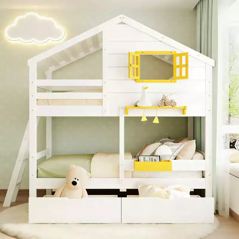 Lit superposé cabane jumeau sur jumeau avec 2 tiroirs, étagères de rangement et fenêtre