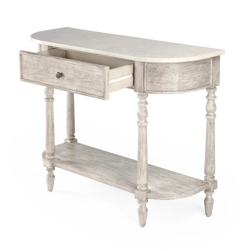 Table console avec plateau en marbre – Brun clair / Gris / Noir délavé, demi-lune, montage par une personne