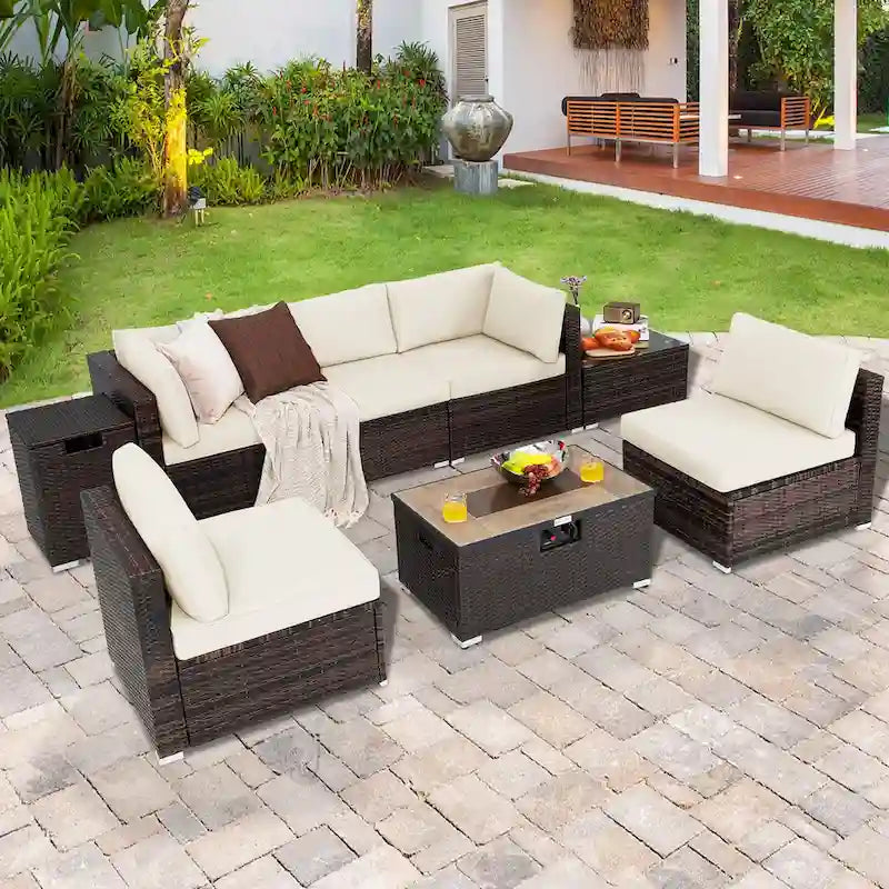 Salon de jardin en rotin 8 pièces avec table brasero et housse de rangement