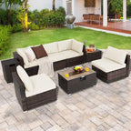 Salon de jardin en rotin 8 pièces avec table brasero et housse de rangement