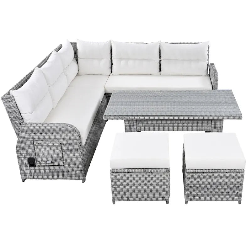 Ensemble de canapé d’angle modulable en rotin d’extérieur avec table réglable et fauteuils inclinables