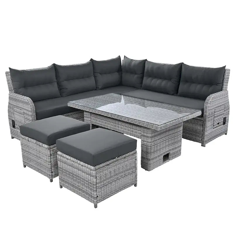 Ensemble de canapé d’angle modulable en rotin d’extérieur avec table réglable et fauteuils inclinables