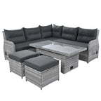 Ensemble de canapé d’angle modulable en rotin d’extérieur avec table réglable et fauteuils inclinables