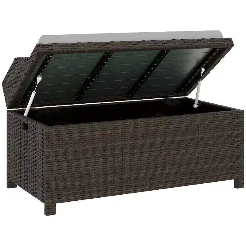 Banc de rangement d'extérieur en osier avec espace de rangement et coussin