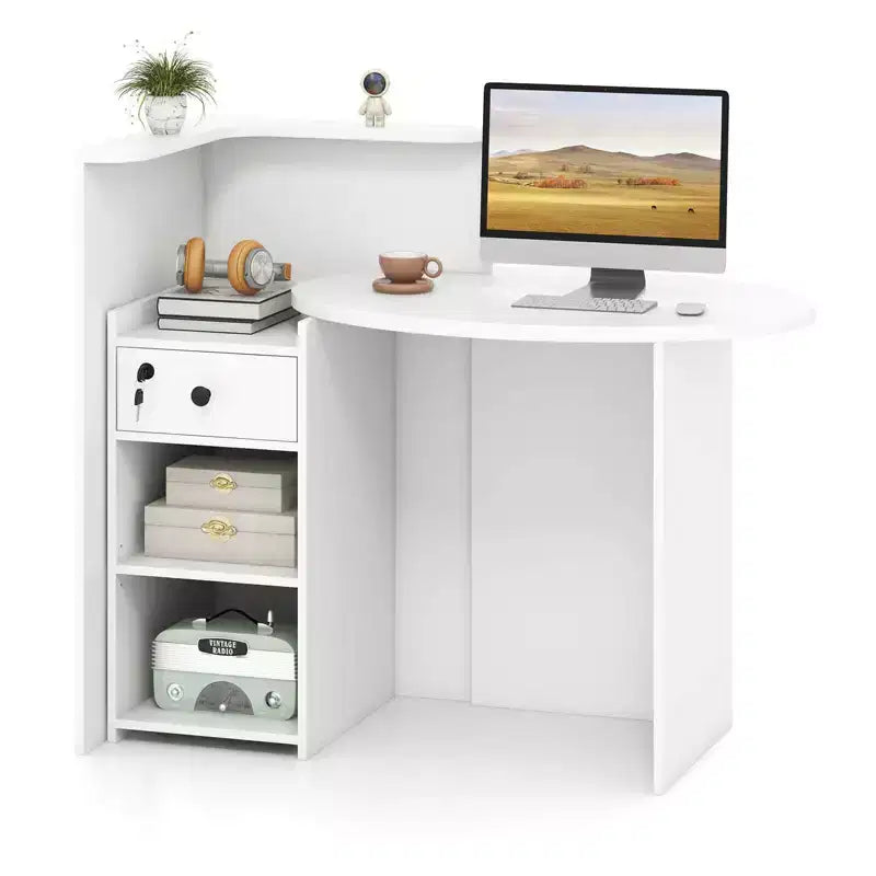 Costway Comptoir de Réception Bureau de Caisse avec Étagère Ouverte et Tiroir Verrouillable Blanc/Marron/Noir