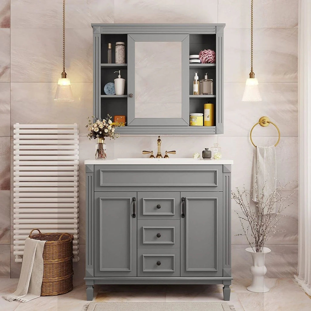 Meuble-lavabo moderne de 36 po avec vasque et armoire à miroir, 2 portes et 2 tiroirs