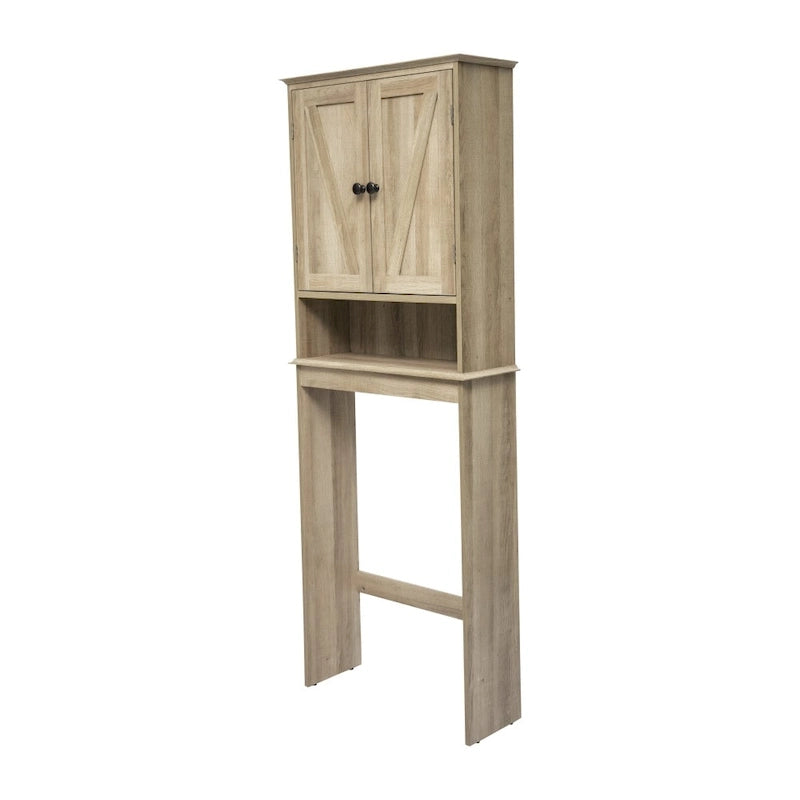 Meuble de toilette sur pied de toilette style ferme avec étagères et portes à fermeture magnétique