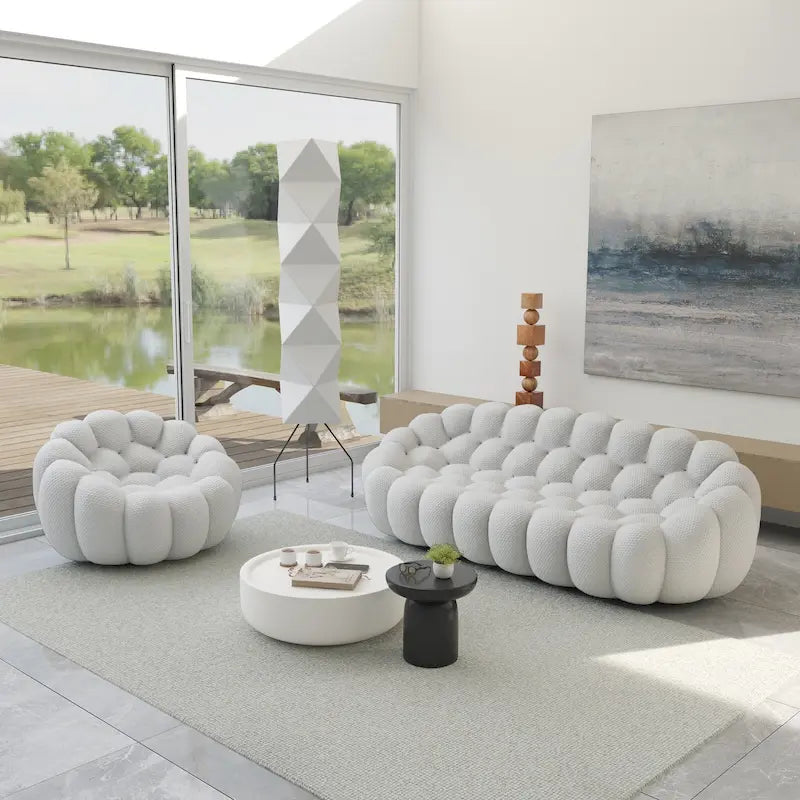 2 PIÈCES Canapé bulle rembourré en tissu nid d’abeille 3D, canapé bulle 3 places et fauteuil individuel pour salon