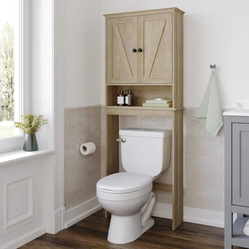 Meuble de toilette sur pied de toilette style ferme avec étagères et portes à fermeture magnétique