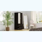 Hitow Armoire de rangement double tiroir avec portes miroir et zones de rangement