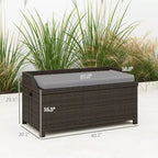 Banc de rangement d'extérieur en osier avec espace de rangement et coussin