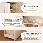 TUYOHW Bureau extensible, bureau pliable pour la maison et le bureau avec étagères de rangement et roulettes, poste de travail mobile pour petits appartements, bureaux