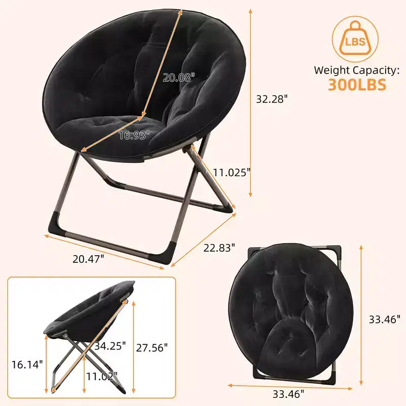 Fauteuil soucoupe, fauteuil moelleux en fausse fourrure, fauteuil lune avec structure métallique pliable, siège d'appoint floral