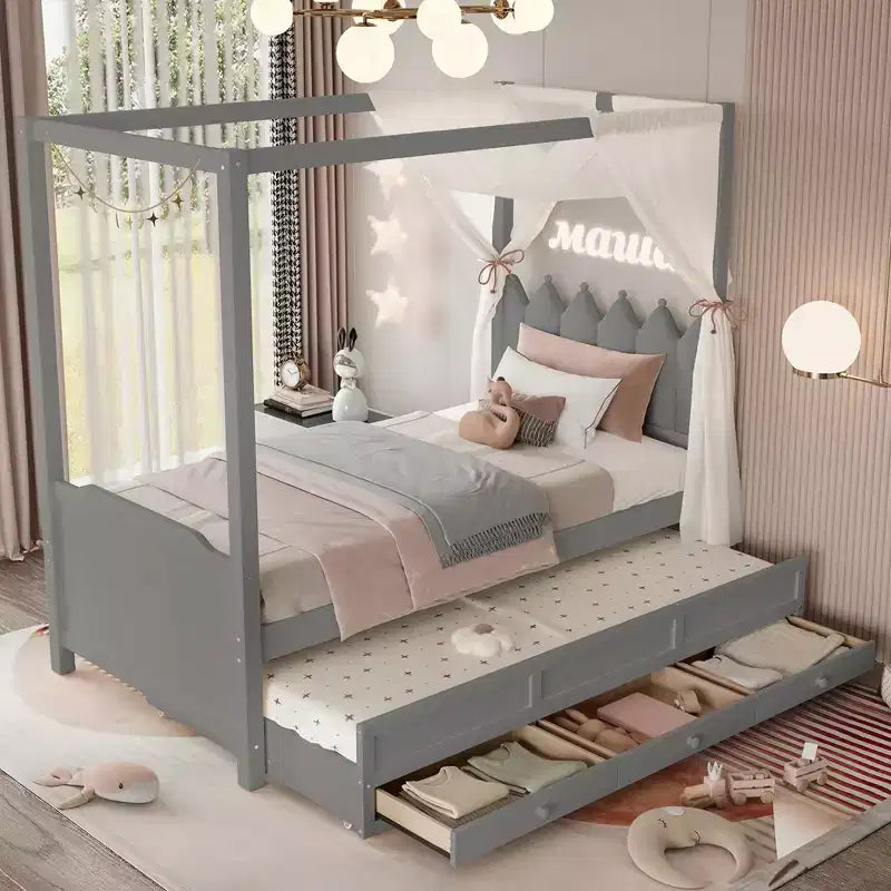 Lit plateforme double/grand format avec lit gigogne, lit à baldaquin en bois de princesse avec 3 tiroirs, lit de rangement avec tête de lit capitonnée pour chambre à coucher