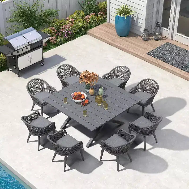 Ensemble de salle à manger d'extérieur PURPLE LEAF avec table à manger en aluminium et chaises en rotin tressé