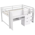 Lit mezzanine bas rose/blanc avec bureau, rangement et tableau blanc – 1 personne, format simple