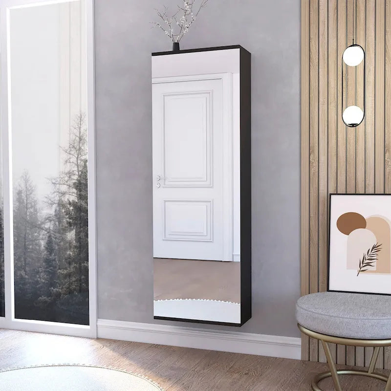 Meuble à chaussures mural avec miroir Chimg, une porte, finition wengé noir