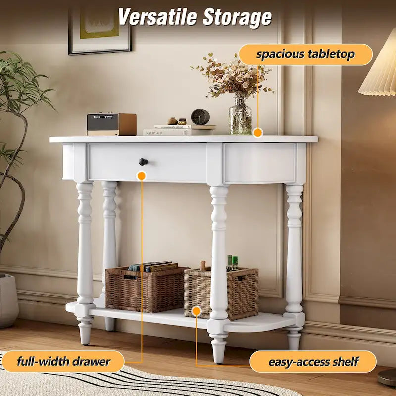 Console étroite rétro avec coin arrondi, tiroir supérieur et étagère ouverte
