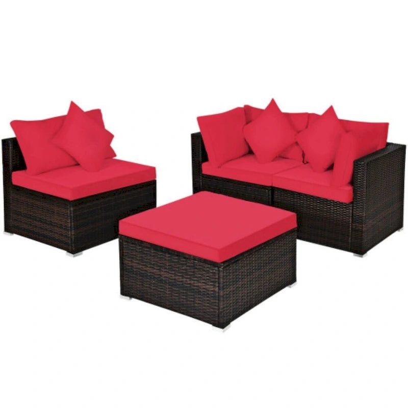 Ensemble de meubles de patio en rotin 4 pièces avec coussins et oreillers amovibles – Canapé d'angle : 73,7 x 73,7 x 63,5 cm