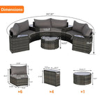 Ensemble de canapé modulaire d'extérieur semi-circulaire 11 pièces avec table basse en verre trempé et 4 tables d'appoint