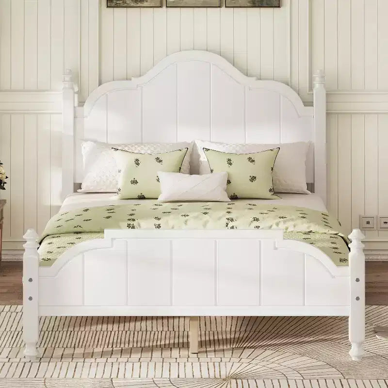 Cadre de lit plateforme Queen vintage - Pin massif, tête de lit en MDF, pas besoin de sommier