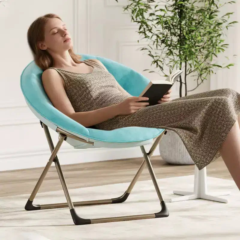 Fauteuil soucoupe, fauteuil moelleux en fausse fourrure, fauteuil lune avec structure métallique pliable, siège d'appoint floral