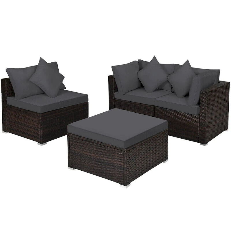 Ensemble de meubles de patio en rotin 4 pièces avec coussins et oreillers amovibles – Canapé d'angle : 73,7 x 73,7 x 63,5 cm