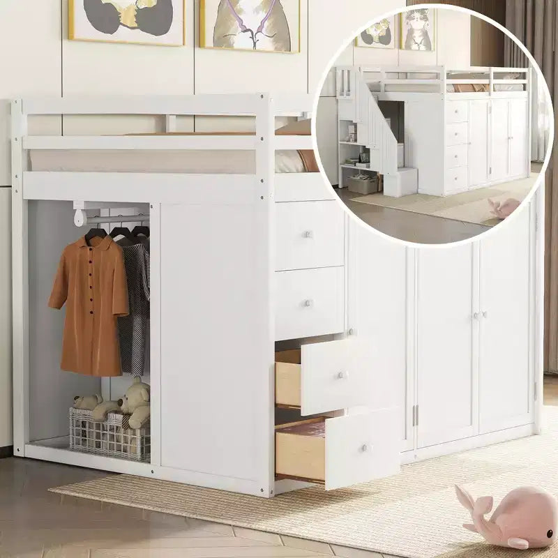 Lit mezzanine pleine taille Teddy Fleece avec étagère de rangement et tiroirs, lit mezzanine haut en bois avec bureau polyvalent pour chambre à coucher