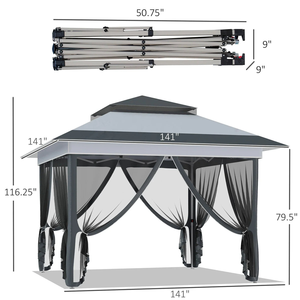 Outsunny 12 x 12 Tonnelle escamotable Pare-soleil Tente instantanée pliable avec filet latéral en maille, Hauteur réglable sur 3 niveaux