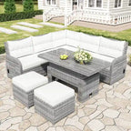Ensemble de canapé d’angle modulable en rotin d’extérieur avec table réglable et fauteuils inclinables