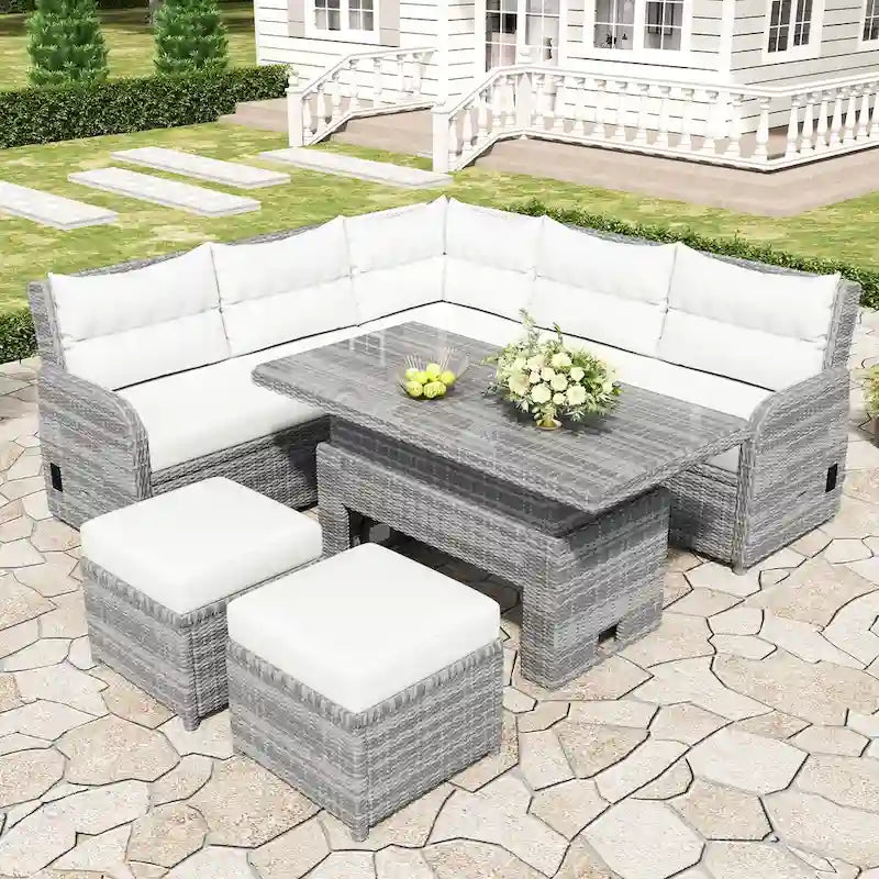 Ensemble de canapé d’angle modulable en rotin d’extérieur avec table réglable et fauteuils inclinables